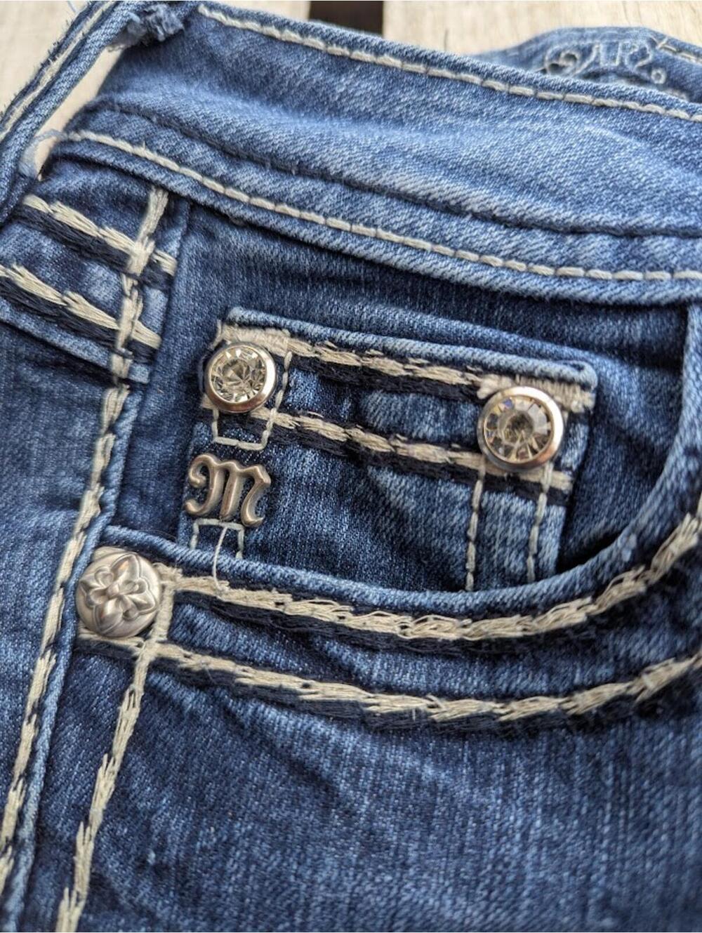 Miss Me Loose Saddle Stitch Bootcut Jeans 25 Low Rise Dark Wash Denim Fits 25x29 - Picture 5 of 9